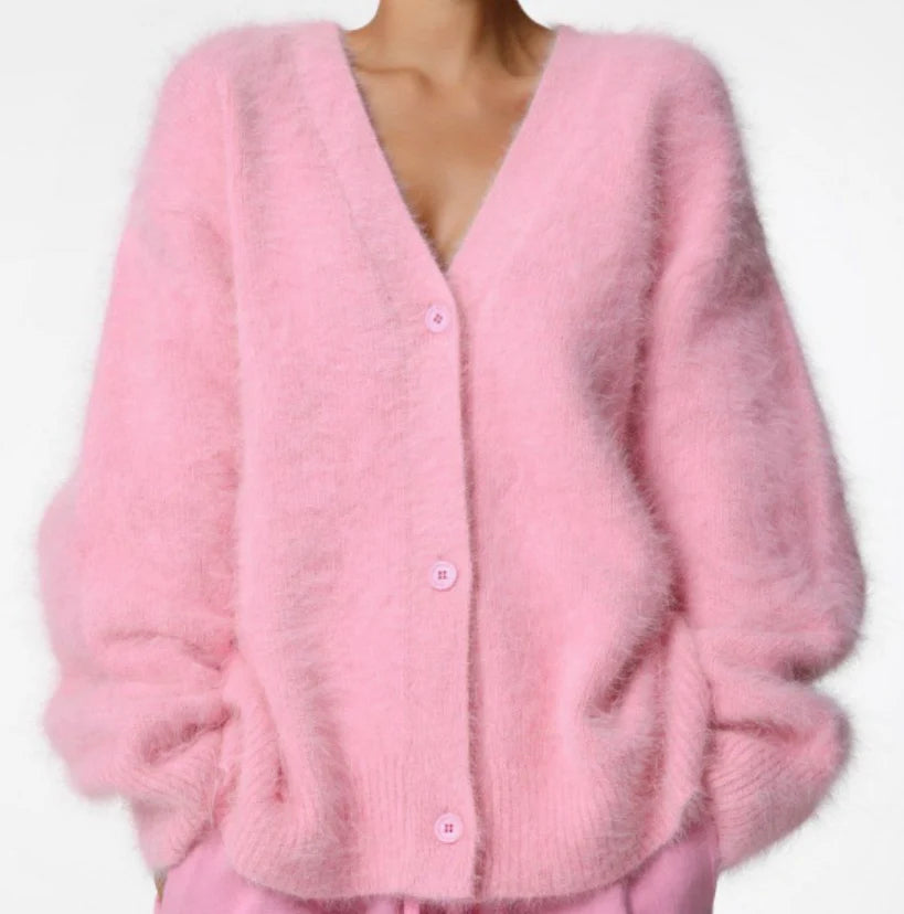 Cardigan femme loose col V boutonné en maille tricotée, pull chaud et élégant pour automne hiver, mode féminine chic et confortable