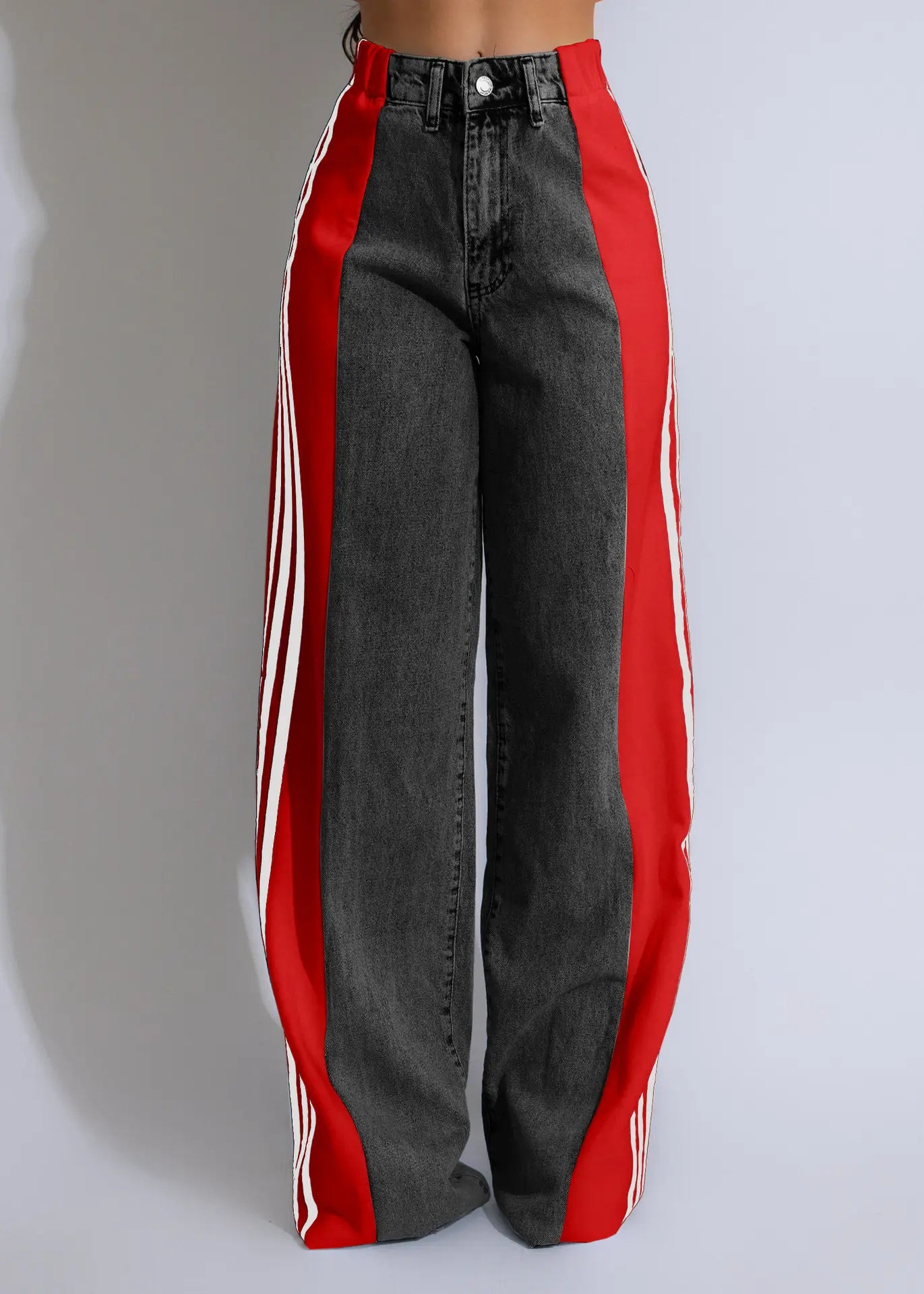 Pantalon large taille haute en denim patchwork à trois bandes pour femme, streetwear tendance 2026, confortable et stylé pour un look urbain