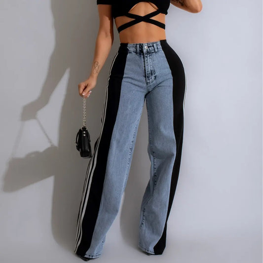Pantalon large taille haute en denim patchwork à trois bandes pour femme, streetwear tendance 2026, confortable et stylé pour un look urbain